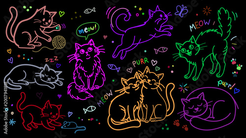 Neon outline doodle set of cats playing, sleeping, and purring on a black background