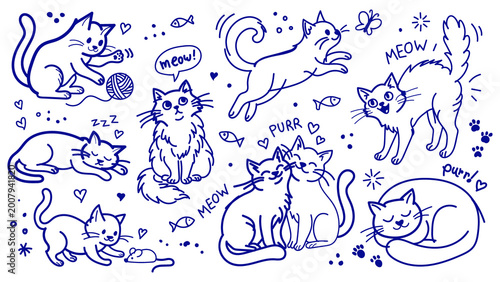 Hand-drawn blue cat doodles, set of playing, sleeping, and sitting feline characters