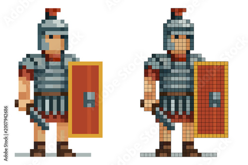 Foto Pixel art character Roman legionary wearing a silver helmet with a red plume, segmented armor, holding a short sword and a rectangular shield, standing on a white background