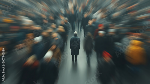 Conceptual mental health image depicting anxiety, loneliness and emotional overwhelm in crowded society, symbolizing depression, stress and social isolation