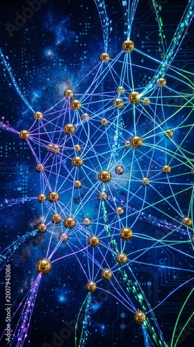 Artificial Intelligence Gold Neural Network with Connected Nodes