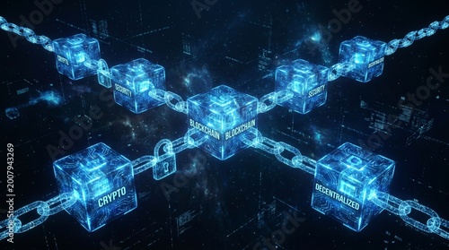 3D Blockchain Concept with Glowing Blue Blocks and Digital Chains