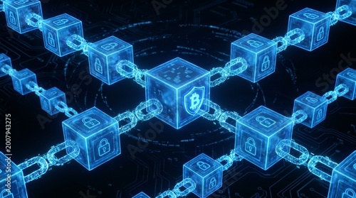 3D Blockchain Concept with Glowing Blue Blocks and Digital Chains