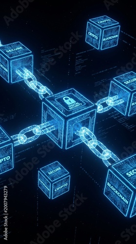 3D Blockchain Concept with Glowing Blue Blocks and Digital Chains