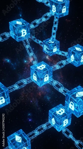 3D Blockchain Concept with Glowing Blue Blocks and Digital Chains