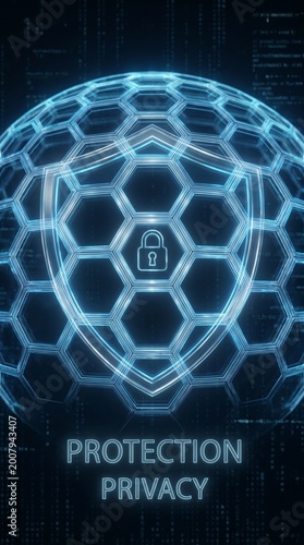 Digital Cybersecurity Shield with Glowing Hexagonal Geometric Pattern