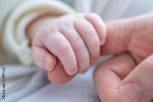 Fotografie Baby hand holding adult finger showing trust bond
