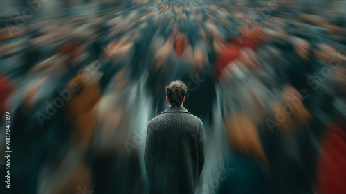 Conceptual image of anxiety, social isolation and mental overload, showing an individual standing still amid blurred crowds, symbolizing stress, overwhelm, loneliness and psychological pressure