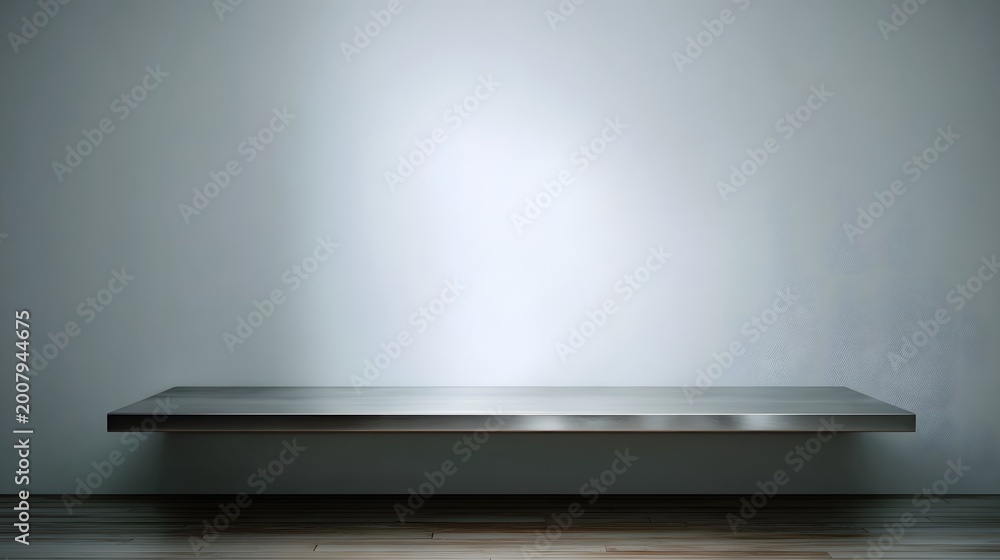 Obraz premium A minimalist wooden shelf resting on a warm wood floor against a soft gray gradient backdrop ideal for product presentation