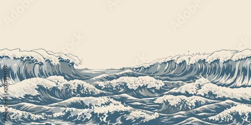 Bild auf Leinwand seamless ocean wave pattern continuous nautical illustration in blue tones