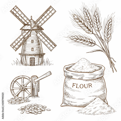 Vintage farm scene with windmill wheat and flour sack engraving