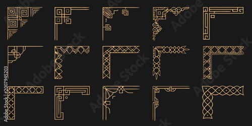 art deco corner ornaments collection golden lines on black background