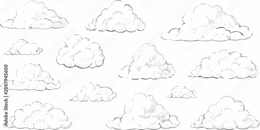 Fototapeta premium hand drawn cloud sketches ink style with twelve variations