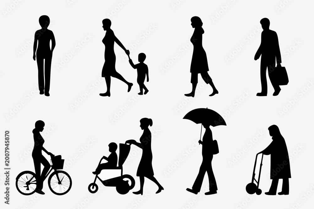 Fototapeta premium people silhouettes black fill ten figures on white background