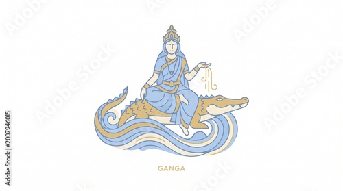 Flat Vector Illustration of Hindu Goddess Ganga Sitting on Crocodile Makara with Sacred River Waves