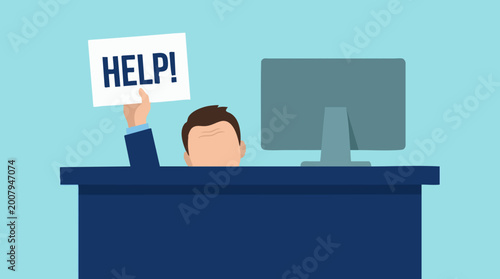 Canvastavla Overwhelmed office worker holding 'HELP!' sign, struggling with work stress
