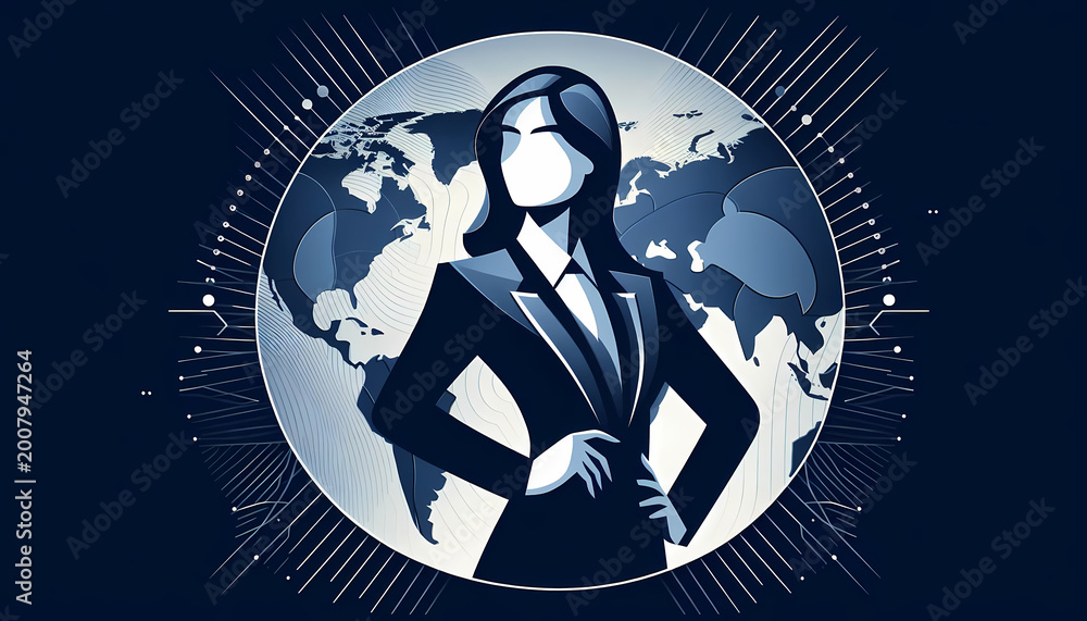 Naklejka premium Minimalist geometric illustration for International Women’s Rights Day — confident woman silhouette centered on a world map, midnight blue and platinium silver palette, clean shapes