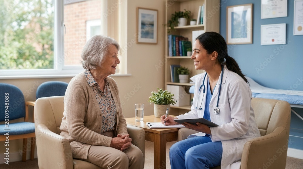 Fototapeta premium Compassionate Doctor Consults Patient In Bright Modern Clinic Setting