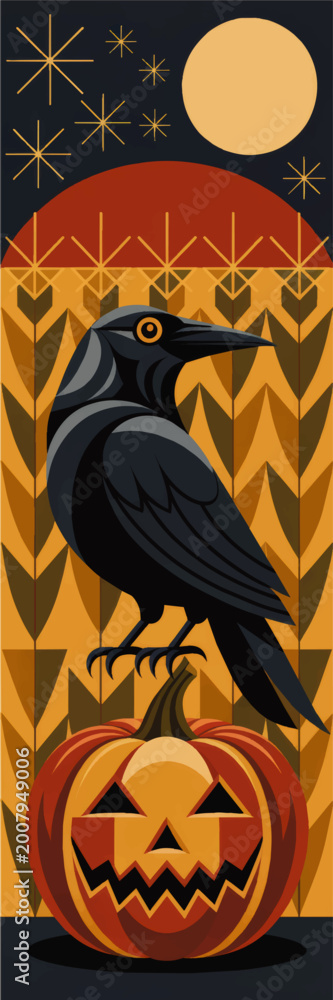 Fototapeta premium Halloween crow on jack o lantern with full moon and wheat field, vintage flat vector illustration for autumn holiday design
