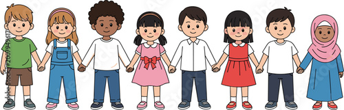 Diverse children holding hands vector illustration with multicultural kids friendship and unity concept