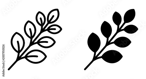 Black leaf branch icons, vector foliage, leafy twig illustrations, botanical symbols