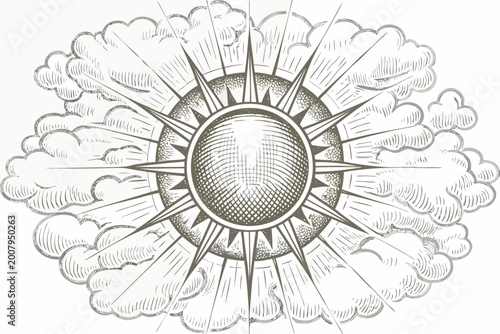 Vintage sun and clouds engraving scientific illustration style