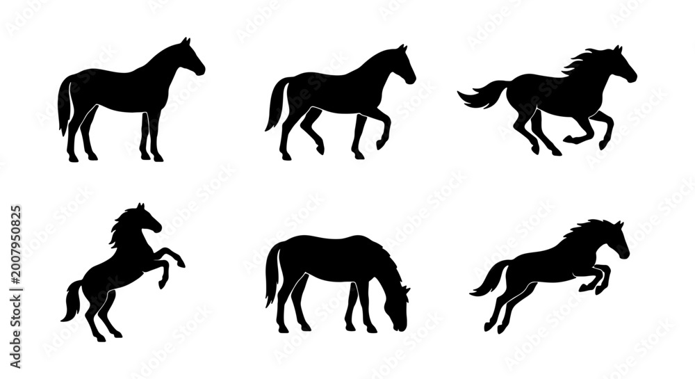 Obraz premium Horse Silhouettes, Black Horse Icons, Equine Vector Graphics, Animal Symbols