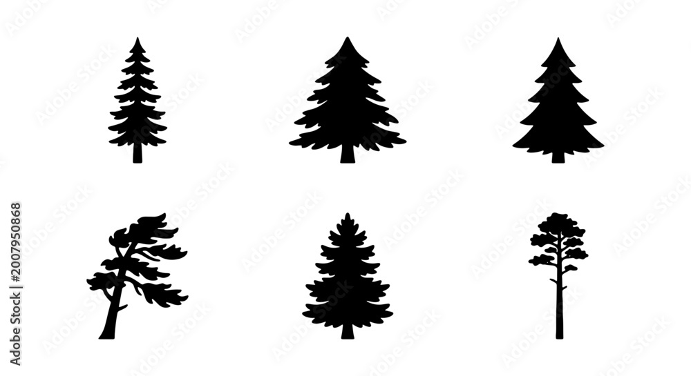 Obraz premium Pine tree silhouettes, forest icons, black trees, nature symbols, vector graphics