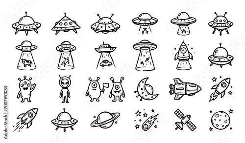 Fotografía UFO and alien icon set hand drawn vector illustration black and white sticker co