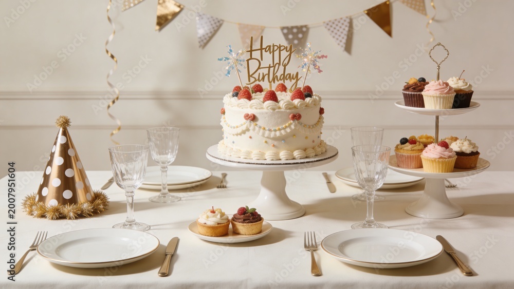 Fototapeta premium Elegant birthday table setting featuring a decorated cake, cupcakes, and festive decor. Perfect for celebrations and party planning.