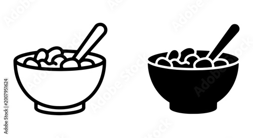 Cereal bowl icons, breakfast food, oatmeal bowl, spoon, black and white