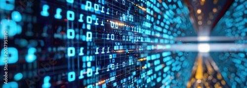 Digital Stream: An intricate digital stream of binary code, showcasing data flowing within a futuristic, luminous environment.