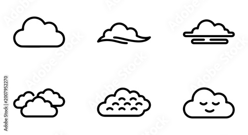 Foto Cloud icons, weather symbols, line art clouds, black outline