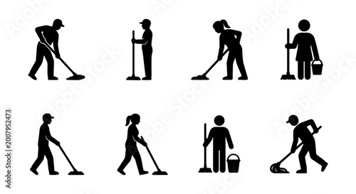 Photos Cleaning, janitorial, maintenance icons, black silhouette set, 8 people