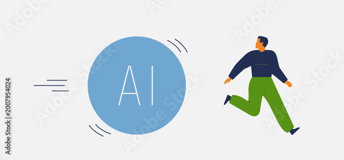 Businessman running from big ball AI. Man denial to use artificial intelligence in work projects and life. worker is not keeping up with progress in the field of AI. Vector illustration