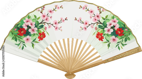 Floral hand fan vector illustration with elegant blossom pattern and decorative folding accessory