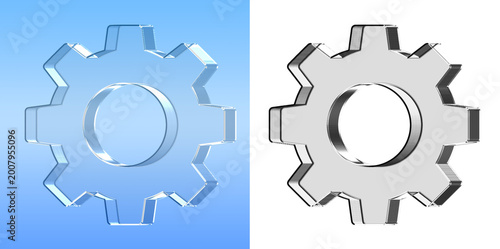 Glossy 3D Gear Icon in Blue and Silver Glass Style for Creative Designs Reflections