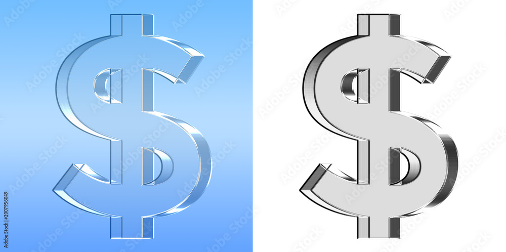 Obraz premium Glossy 3D Dollar Symbol Icon in Blue and Silver Glass Style for Modern User Interfaces Transparent