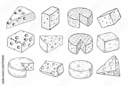 Photos hand drawn cheese collection vintage style engraving on white background