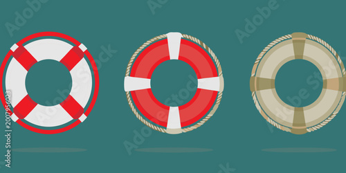 Bild auf Leinwand life buoy icons collection of nautical safety rings on teal background