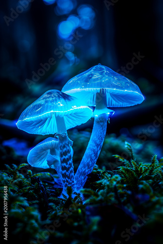 Blue bioluminescent mushrooms glowing in dark forest, luminous fungi macro, mystical night nature