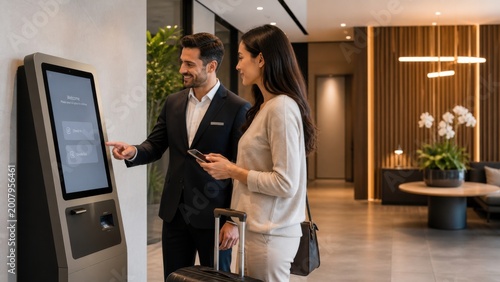 Couple checks in at hotel reception using digital kiosk to confirm their reservation and complete the check-in process