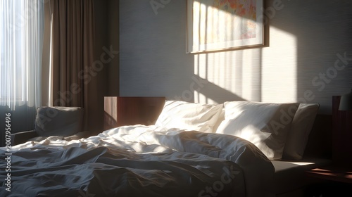 sunlit bed with white linens in a bright and airy bedroom interior