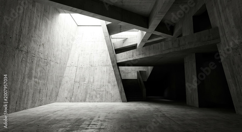 Concrete structure with geometric lines and natural light enters through skylight in a modern building space