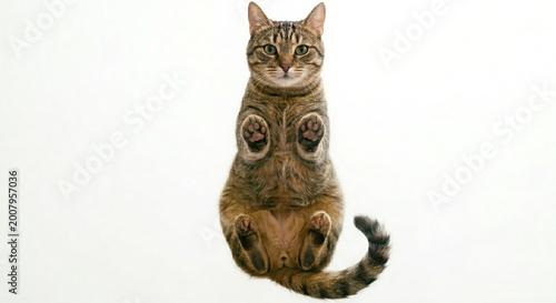 Cat jumps in the air with paws extended and tail curled