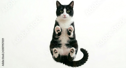 Cat sitting upright with paws raised in a studio setting during daylight hours