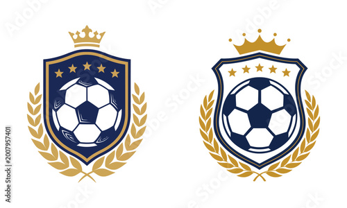 Royal football club crest with gold crown laurel wreath and soccer ball on shield, heraldic badge design in navy blue and gold color scheme.