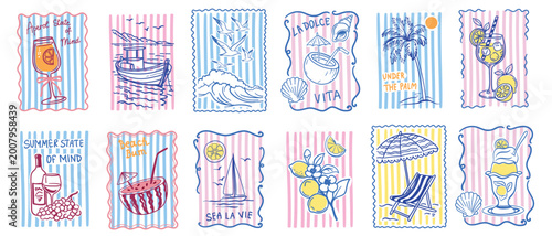 Vector set of summer travel postage stamps with hand-drawn line art illustrations. Collection of decorative beach stickers featuring aperol spritz, palm tree, boat, sea waves, coconut cocktail