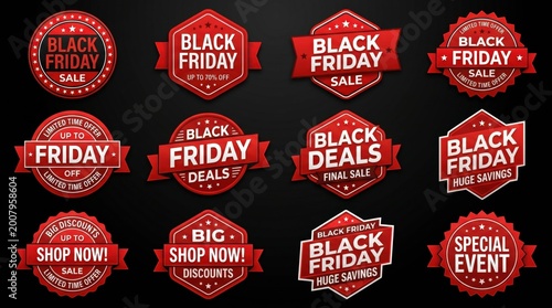 Collection of Black Friday sale and shopping badges on black background