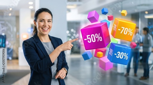 Smiling businesswoman pointing at colorful discount cubes in office